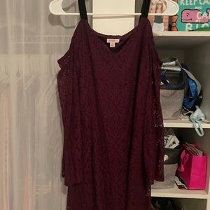 Open shouldered lace burgundy dress